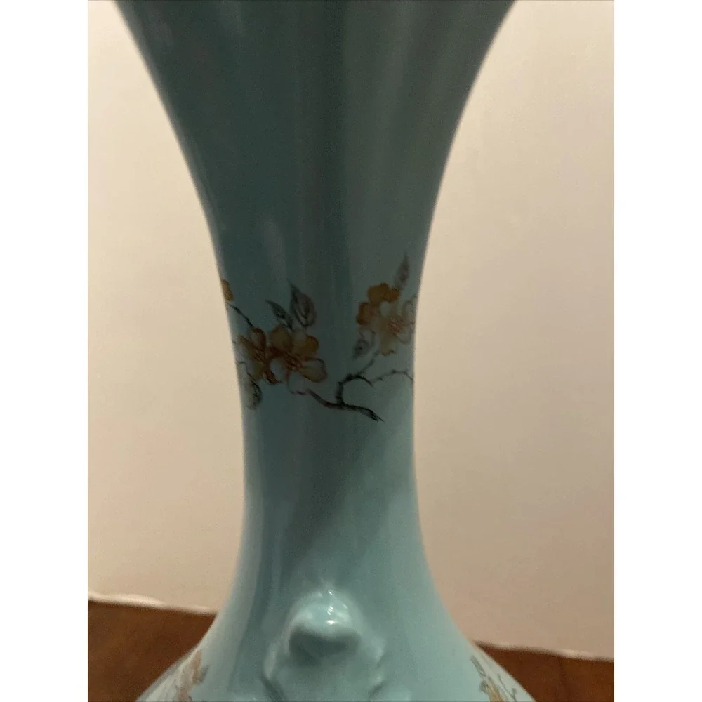 Vintage Art StudioPottery Vase Floral Hand Painted Dogwood Victorian‎ Style Teal